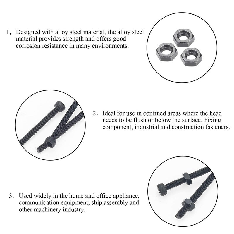DYWISHKEY 200 Pieces M3 x 30mm/35mm/40mm/45mm/50mm, 12.9 Grade Alloy Steel Hex Socket Head Cap Bolts Screws Nuts Kit with Hex Wrench - Image 4